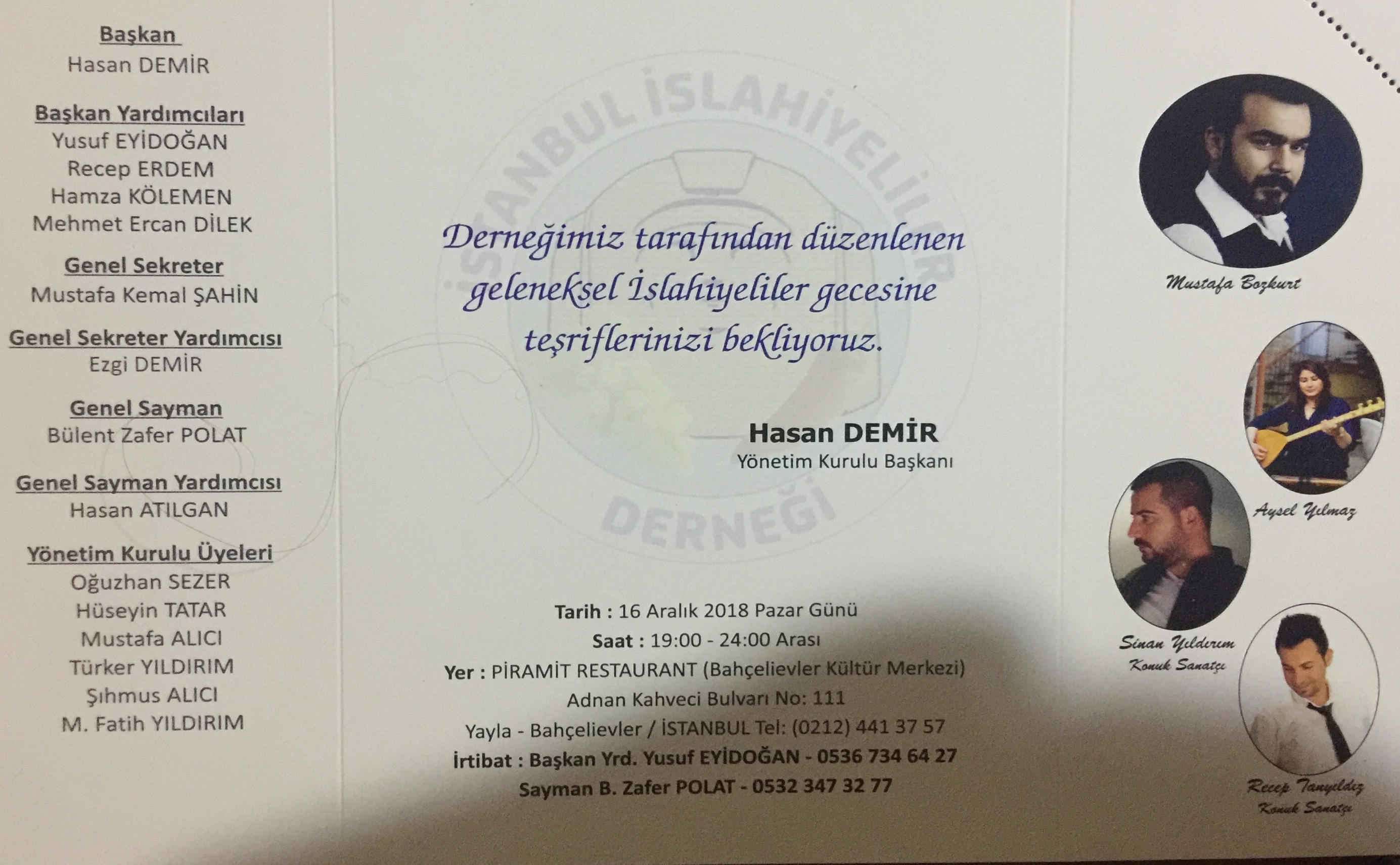 16 Aralık 2018 Geleneksel İslahiyeliler Gecesine Tüm Hemşerilerimiz ve Dostlarımızı bekliyoruz